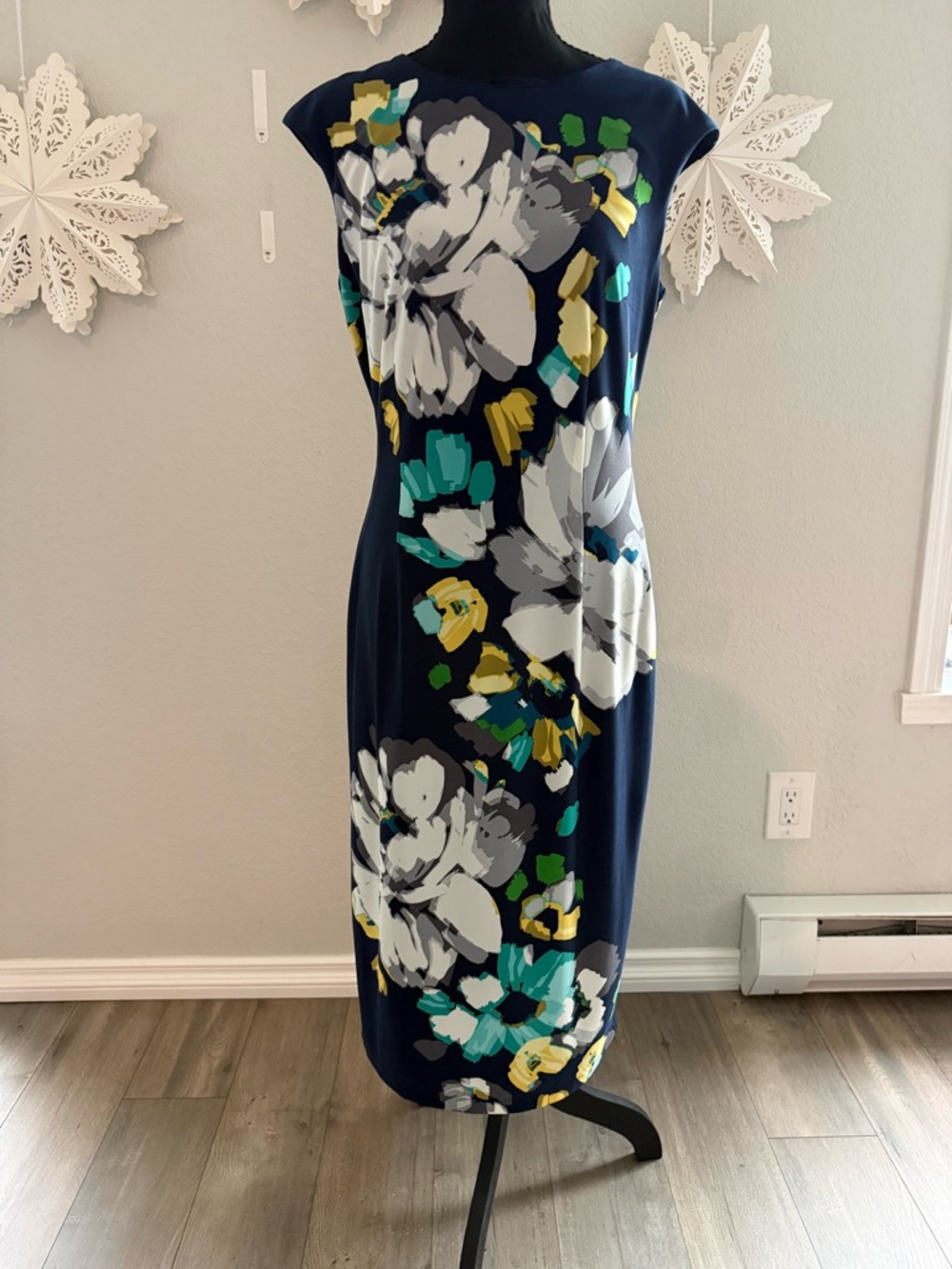 London Times Navy Floral Midi Dress with White, Teal & Yellow Accents